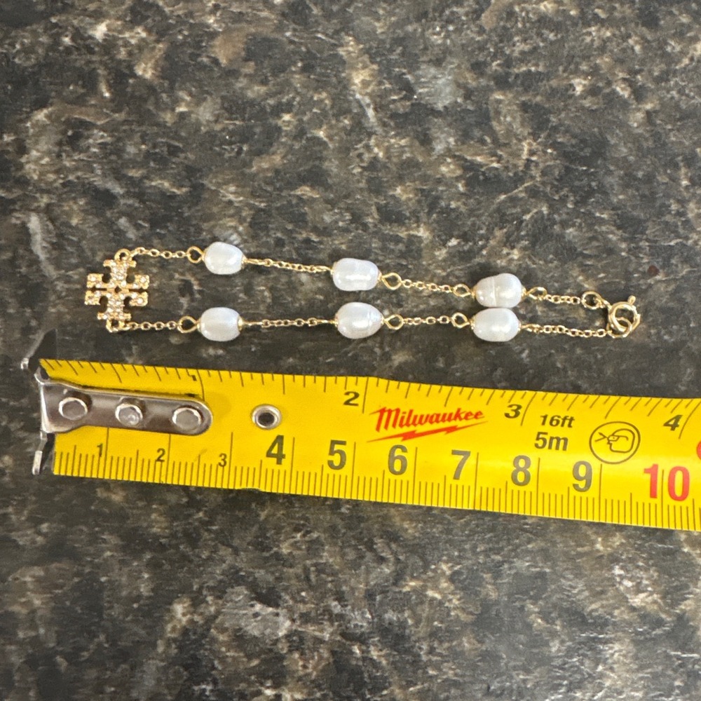 Tory Burch Kira Pearl Chain Bracelet Gold Pave Crystal Logo Women New - Picture 6 of 6